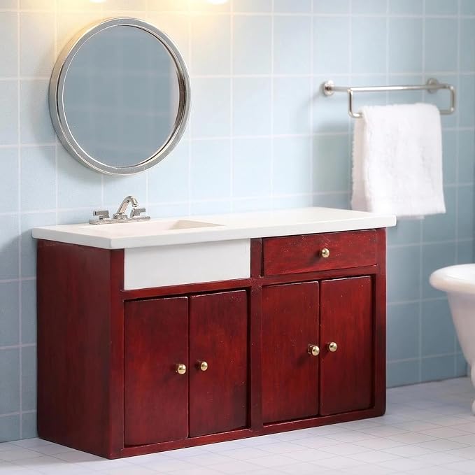 Dollhouse Furniture 1/12 Scale Miniature Sink Cabinet Wooden Bathroom Vanity Cabinet with Openable Drawer and Doors (Red)