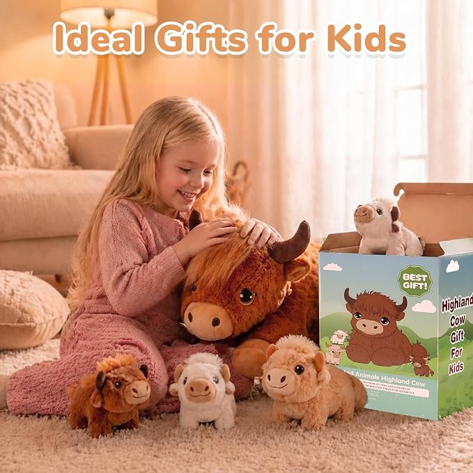 gnomantic Highland Cow Stuffed Animals with Babies, Mommy Toy for Kids | 5-Piece set: 1 mommy highland cow + 4 surprise babies inside. Unzip belly to reveal babies. Ultra-soft, safe for ages 3-8.
