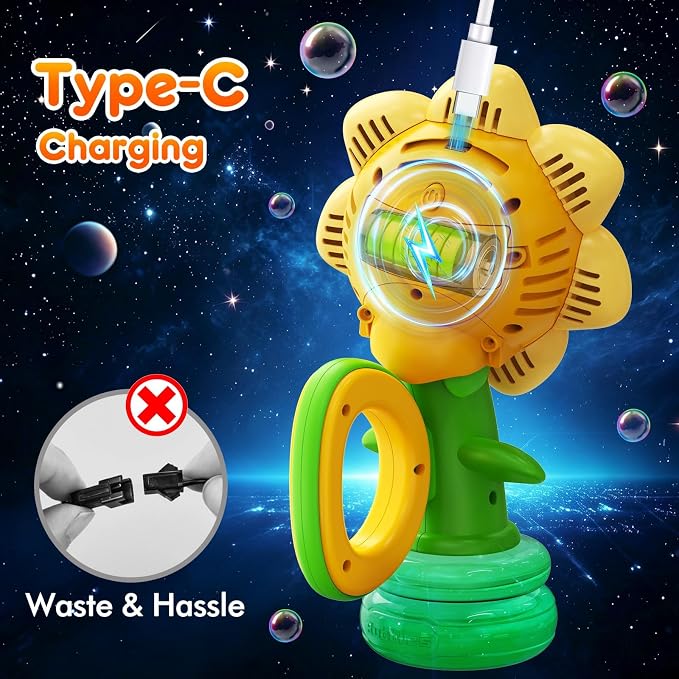 Yunaking Bubble Machine Wands Kids Toys: Type-C Rechargeable Bubbles Gun Maker LED Light Outdoor Toys for 3 4 5 6 7 8 Boy Girl Toddlers Kids Party Wedding, Gift for Birthday Easter Valentines Xmas