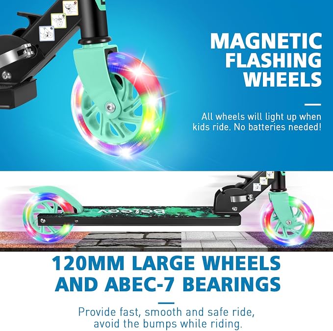 BELEEV V1 Scooters for Kids, 2 Wheel Folding Kick Scooter for Girls Boys, 3 Adjustable Height, Light Up Wheels, Lightweight Scooter with Sturdy Frame, Kickstand for Children 3 to 12 Years Old