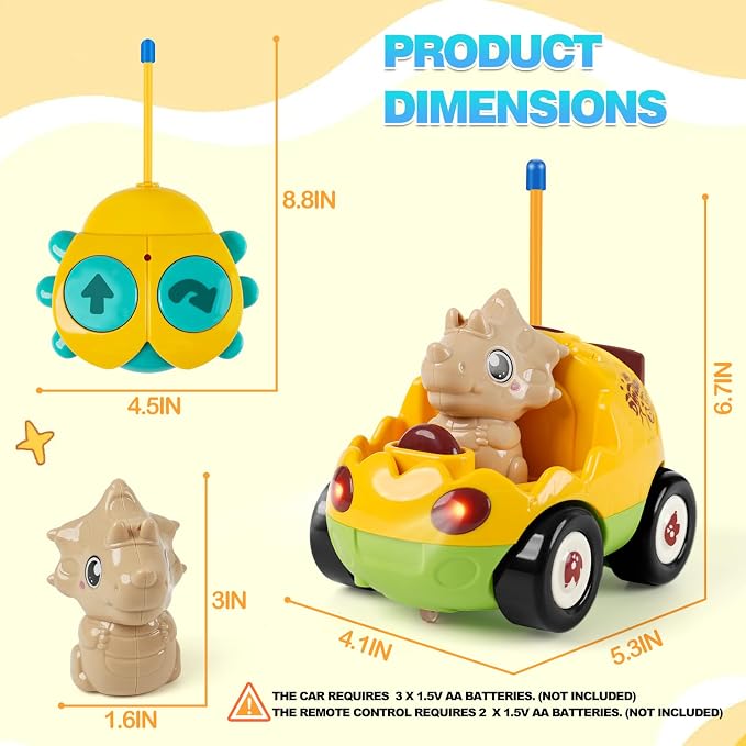 Remote Control Dinosaur Car Toy for Toddlers - Birthday Gift for Boys Ages 18+ Months, 2 3 4 5 Year Old - RC Dino Vehicle with Lights and Music, Easy Control Toy for Kids