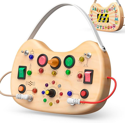 UdoUto Montessori Wooden Busy Board for Toddlers with LED Light Lights & Switches,Portable Activity Board for Car & Airplane Travel Toys, Christmas & Birthday Gift for 1-3 Year Old Boys & Girls