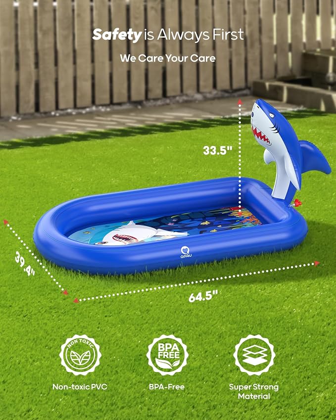 QPAU Splash Pads for Toddlers 1-3, Dark Blue Shark Splash Pad for Kids, Outdoor Play Mat for Babies, Inflatable Sprinkler Pool for Birthday Girl Gifts 1 Year Old Girl