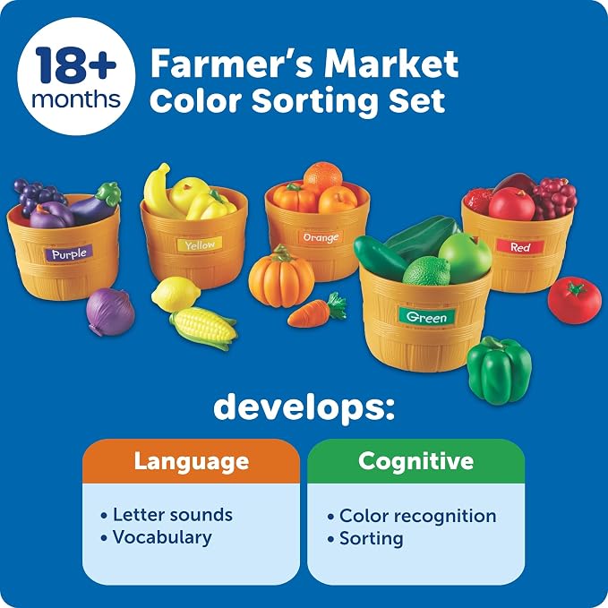 Learning Resources Farmer's Market Color Sorting Set - Pretend Play Food Sets for Kids Kitchen, Color Sorting Toys, Plastic Fruit and Vegetable Toy for Kids Kitchen Set, Play Food for Toddlers 1-3
