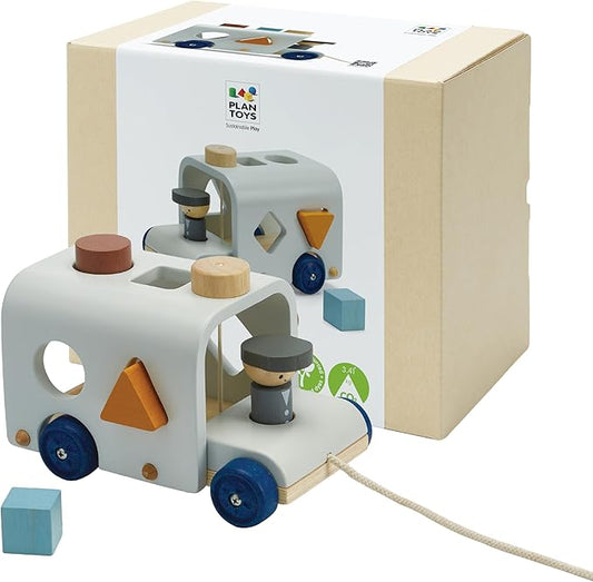 PlanToys® Wooden Shape Sorting Bus Toy for Kids Ages 3+ | Montessori Pull Along & Colour Learning Activity for Sorting, Coordination & Fine Motor Skills | Eco-Friendly Educational Playset
