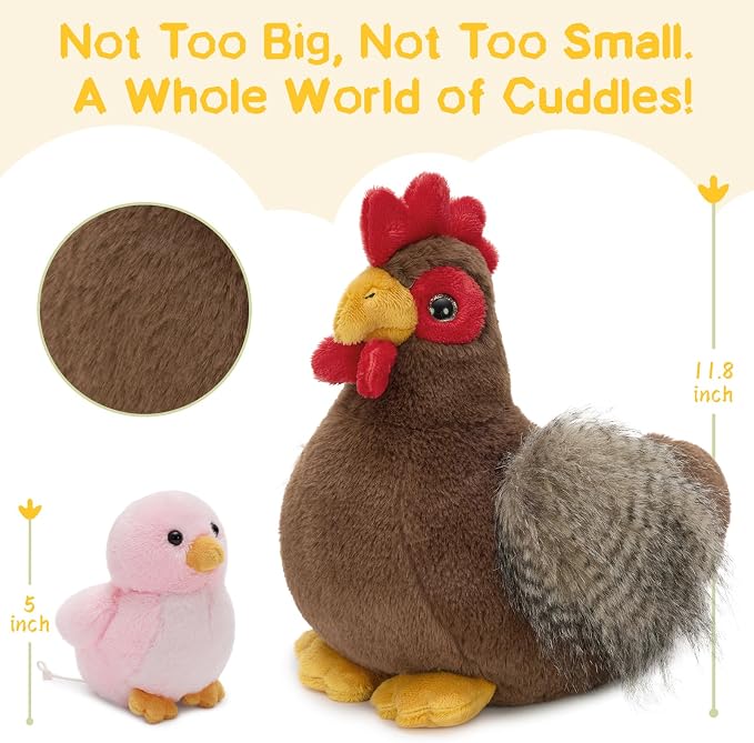 4 Pcs Easter Chicken Plush Set, Mom Hen Stuffed Animal with 3 Stuffed Wind Up Chicks Toy in Mother Chicken's Belly, Christmas Birthday Gift for Kids Girls Boys, Animal Theme Party Decor