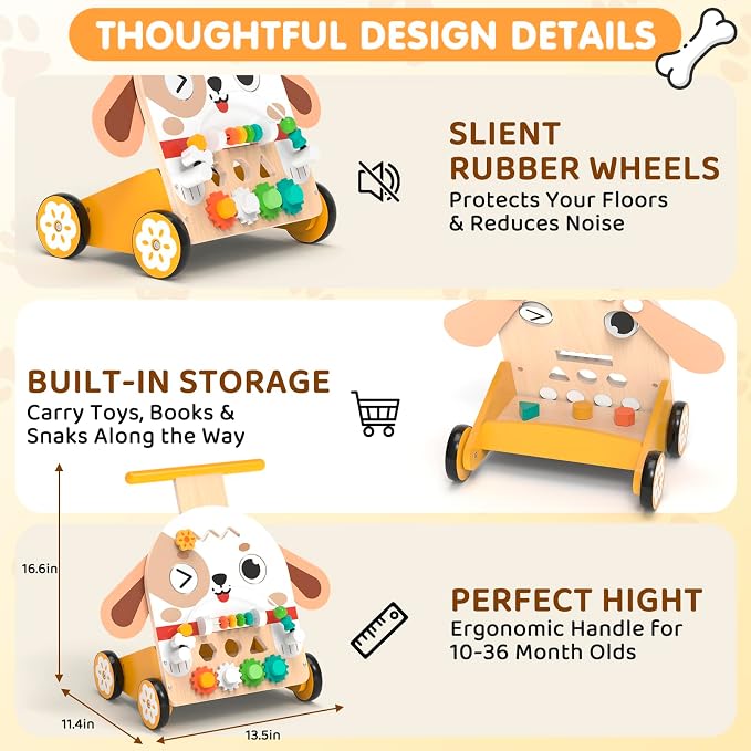 Wooden Baby Walker, 6-in-1 Push Walker for Toddlers | 6-in-1 Puppy Activity Walker with Shape Sorter, Bead Maze, Gears and Rubber Wheels for Toddlers 12-36 Months