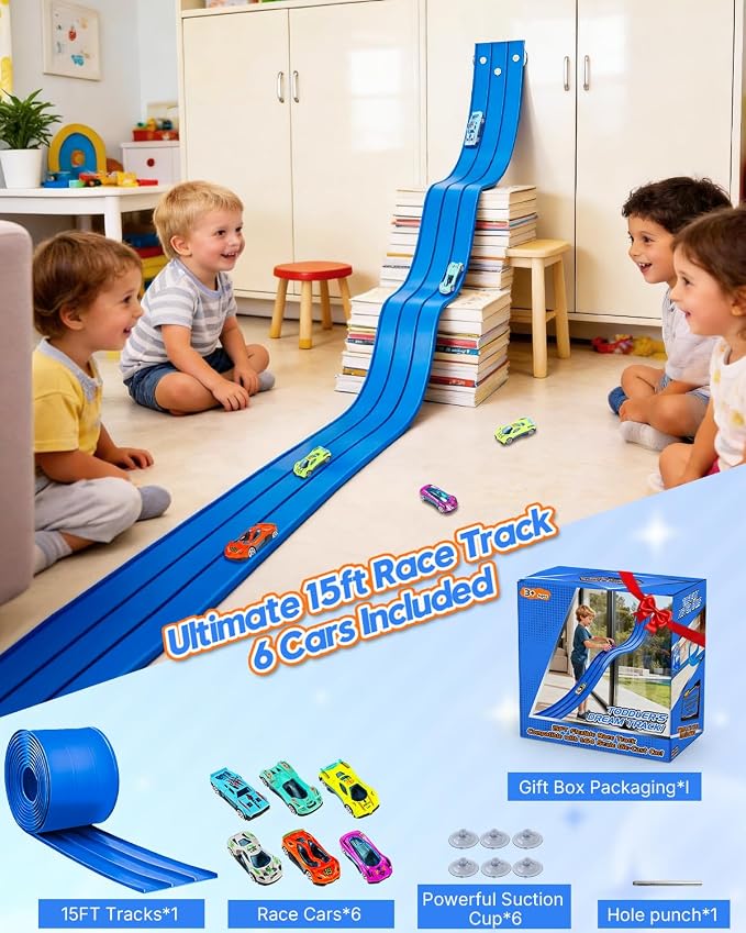 3-Lane Flex Track 15 Ft Flex Race Car Track with 6 Toy Cars,Portable DIY Racetrack Compatible Diecast 1/64th Cars for Ages 3 Up,Birthday Gifts for Boys (Dark Blue-2)