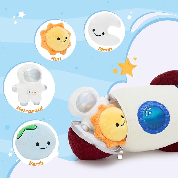 5Pcs Space Plush Toys Set – 14.57" Rocket, Astronaut, Sun, Moon & Earth Stuffed Animals, Soft Huggable for Bedtime Snuggles, Imaginative Play & Cute Room Decor, Christmas Birthday Gift for Boys Girls