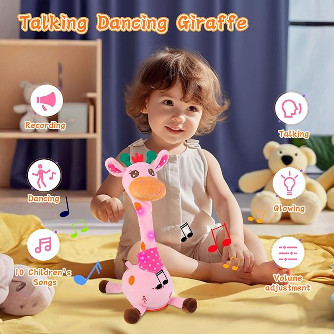 LUKETURE Dancing Talking Singing Pink Giraffe Toy Stuffed Plush, Interactive Stuffed Animal Toy, Musical Giraffe Plush with Record & Repeat, Sings 10 Songs, LED Lights