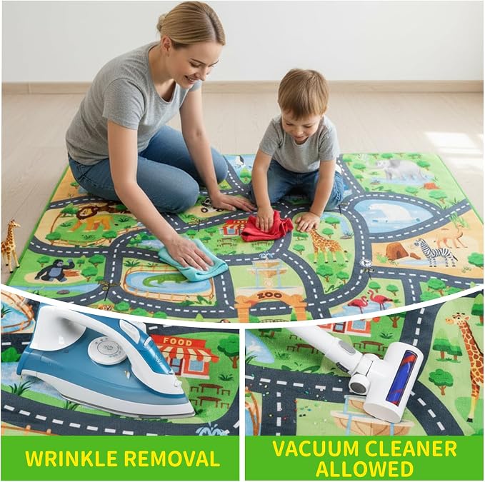 Car Rug Play Mat,3'3" x 4'11" Zoo Park Road Car Mat for Kids,Non-Slip Animal Car Track Rugs for Kids Toy Cars,Educational Kid Road Playmat Rug for Playroom Bedroom Kid Room(for Age 2+)