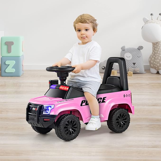 OLAKIDS Ride On Push Police Car, Toddler Foot-to-Floor Sliding Toy with Siren, Steering Wheel, Megaphone, Horn, Headlights, Under Seat Storage, Kids Racer Walking Gift for Boys Girls 1-3 (Pink)