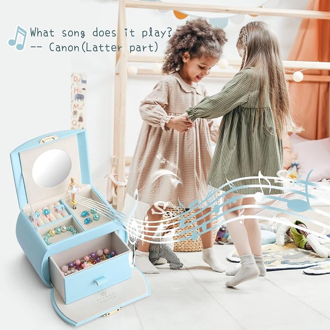 VLANDO Kids Musical Jewelry Box for Girls with Drawer, Music Box with Ballerina and Stickers for Birthday Bedroom Decor, Gifts for Girls Kids Christmas Thanksgiving Gifts 2023 - Blue