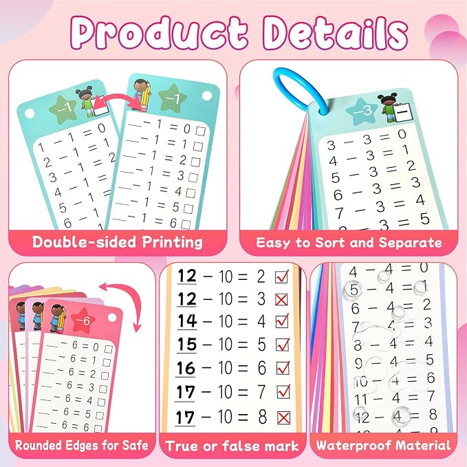 Subtraction Flash Cards 1-12, 15PCS Times Table Flash Cards Chart, with Dry Erase Markers Sorting Ring, 1st, 2nd, 3rd Grades Educational Math Subtraction Game for Kids Classroom Home