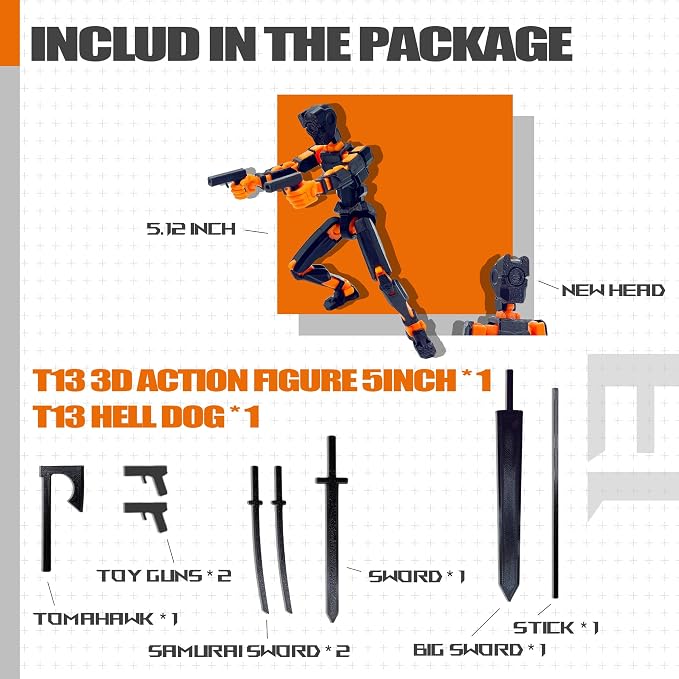 Uodofy (Assembly Completed) T13 3D Action Figure Set,Dummy Robo Titan 13 Action Figures,3D Printed Multi-Jointed Toy (Black + Orange)