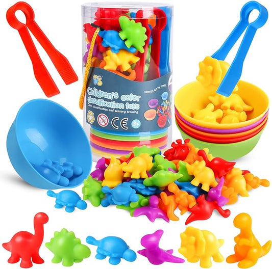 Counting Dinosaur Matching Toys with Sorting Bowls Montessori Preschool Educational Activities Learning Color Sorting Fine Motor Skills Sensory Toys Birthday Gift for 3 4 5 Year Old Boys Girls
