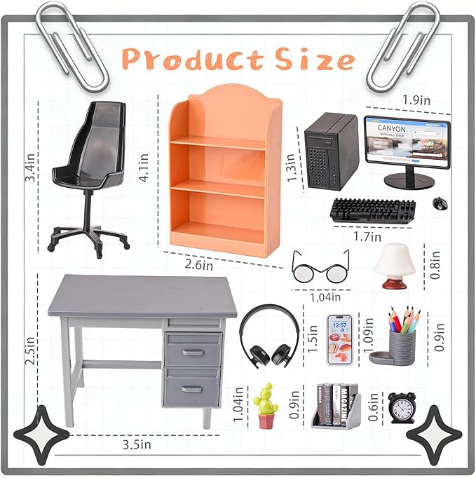 1:12 Scale Doll House Mini Computer Office Desk Furniture Accessories Set | Accessories for dollhouse: storage cabinets, books, desk lamps, eyeglasses, headsets, cell phones and game controllers