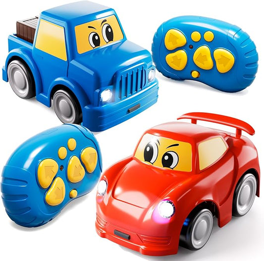 WATUDOU Remote Control Car for Toddlers 1-3 2-4 3-5, 2 Pack Cartoon 2.4 GHz RC Cars for Kids, Electric Hobby RC Car Toys, Christmas Birthday Gifts Toys for Kids Boys Girls 2 3 4 5 6 Years Old