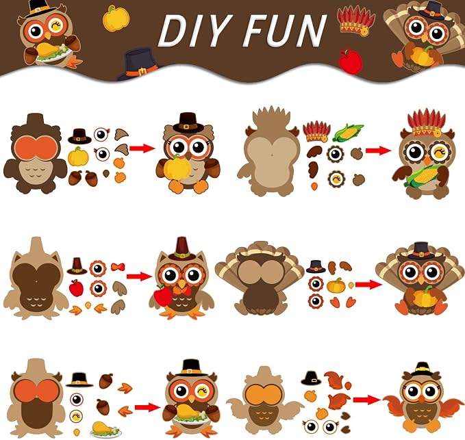 30Pcs Thanksgiving Craft Kits DIY Owl Craft, Thanksgiving Fall Art Craft Make Your Own Card Sticker Set for Home Game Activities