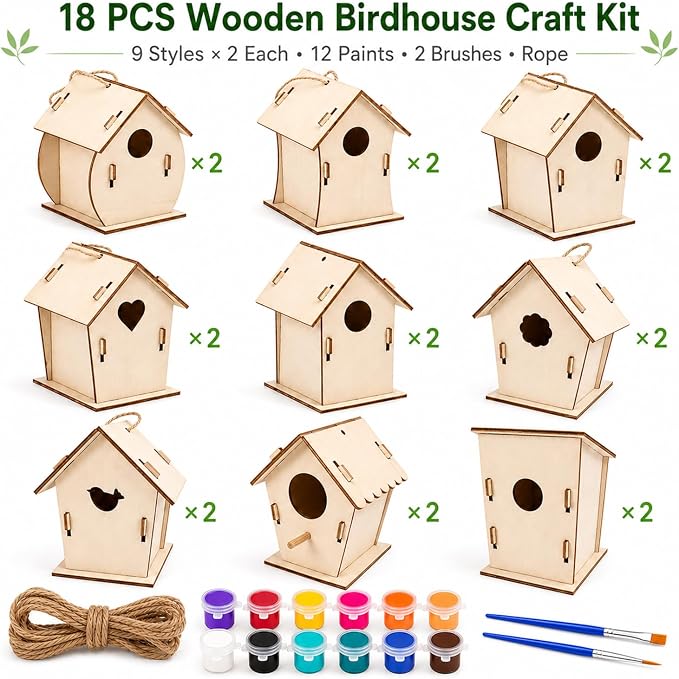 Bird House Kit, Wooden Bird Houses Craft Kits for Kids, 18 PCS DIY Painting Set with Paint Brushes Rope, Arts and Crafts for Kids Ages 6-12