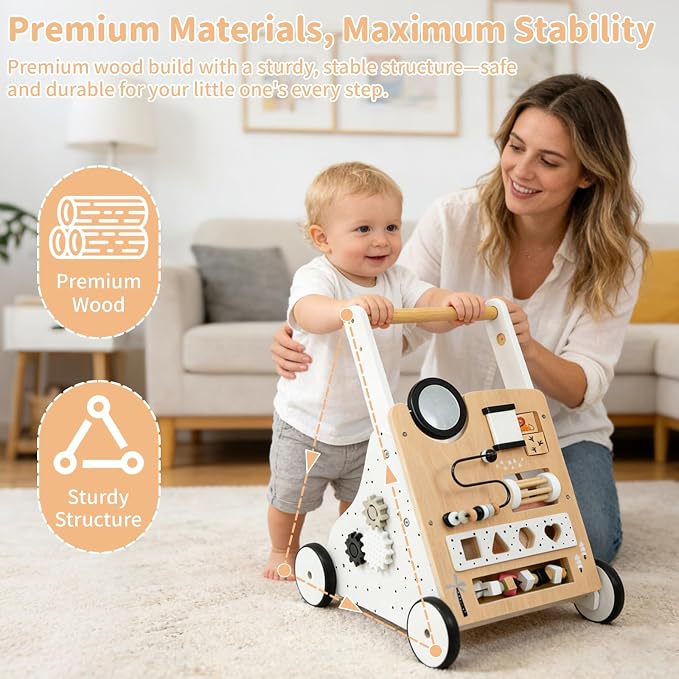 Wooden Baby Walker for Toddlers 1-3, Adjustable Height Montessori Push Toy with 9-in-1 Activity Center, Baby Push Walker with Wheels for Learning to Walk, Gift for 12 Month Old Girls Boys