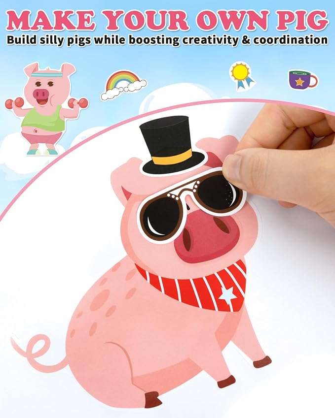 Aowplc 30 Sheets Make a Pig Stickers – Cute Piggy Mix & Match Stickers for Kids – Party Favors, Farm Animal Crafts, School Projects & Classroom Activities