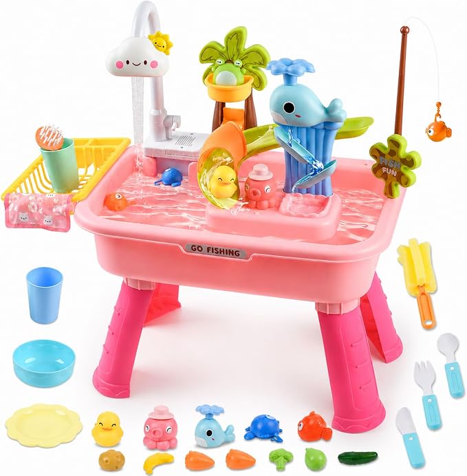 2026 Upgraded Toddler Sand Water Table Toy with Electric Water Pump, Kids Sand Water with Faucet/Play Food Accessories/Fishing Toy, Kitchen Play Sink Toys for Girl Boy Age 3+ (Pink)