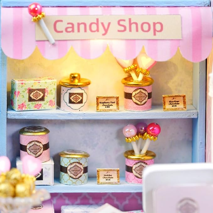 DIY Miniature Dollhouse Kits - Wooden Mini Model House with LED Lights, Tiny Furniture & Accessories – Craft Building Kits for Teens & Adults (Yummy Candy Shop) – Birthday Valentine's Gift