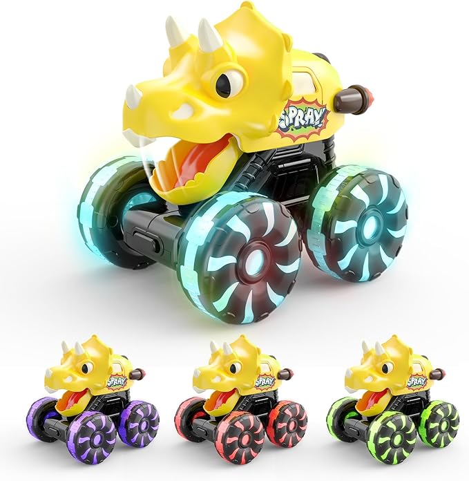 Intoypad Yellow Triceratops Dino Monster Truck – Toddler Push Car Toy with LED Wheels – Press & Go Dinosaur Toy Vehicle for Kids Ages 2 3 4 5 – Chomping Mouth Light-Up Action Toy for Boys Girls