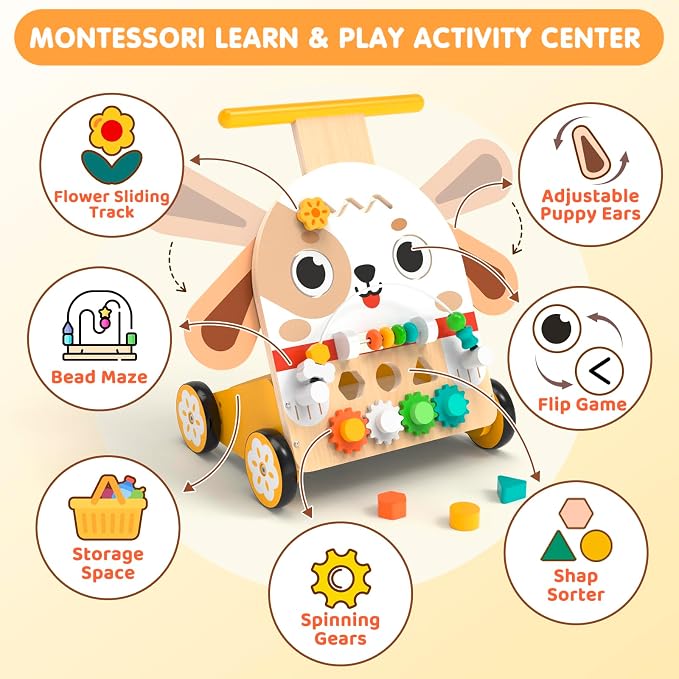 Wooden Baby Walker, 6-in-1 Push Walker for Toddlers | 6-in-1 Puppy Activity Walker with Shape Sorter, Bead Maze, Gears and Rubber Wheels for Toddlers 12-36 Months