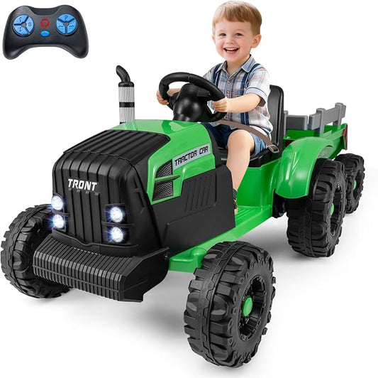 Costzon 24V Ride on Tractor with Detachable Trailer, Kids' Electric Vehicles with 3 Speeds, 15° Climbing, Wireless Design, Horn & Music, Remote Control Tractor Toy for Kids 3+,Gift (24V, Green)
