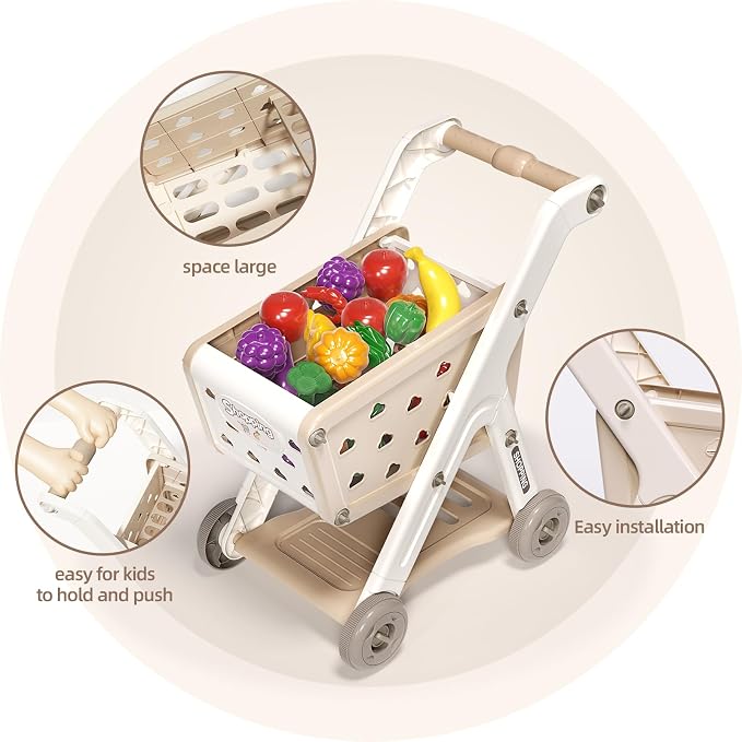 Jovow 102pcs Kids Shopping Cart Trolley Play Set with Pretend Food and Accessories,Perfect for Ages 3+ Pretend Play and Role-Playing Games（Khaki）