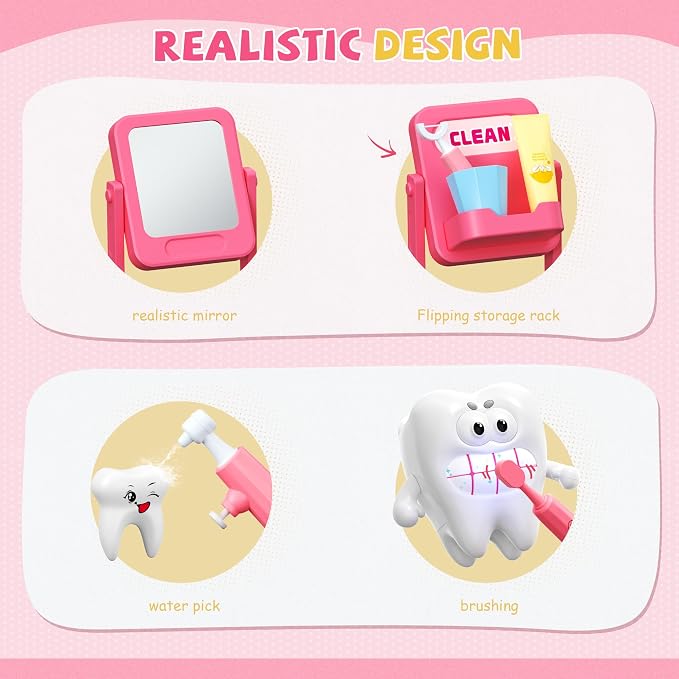 Play Sink with Running Water, Toy Sink Auto Water Cycle System, Play Sink Toys for 2 3 4 Year Old Girls, Dentist Play Set with Oversize Teeth, Birthday Gifts for 2 3 4 5 Year Old, Practice Cleaning