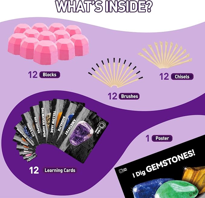 Gemstone Dig Kit, Dig Up 12 Real Gems for Kids,Gem Dig Kit with Tools & Learning Cards,Educational Geology Kit for Boys Girls Ages 6+