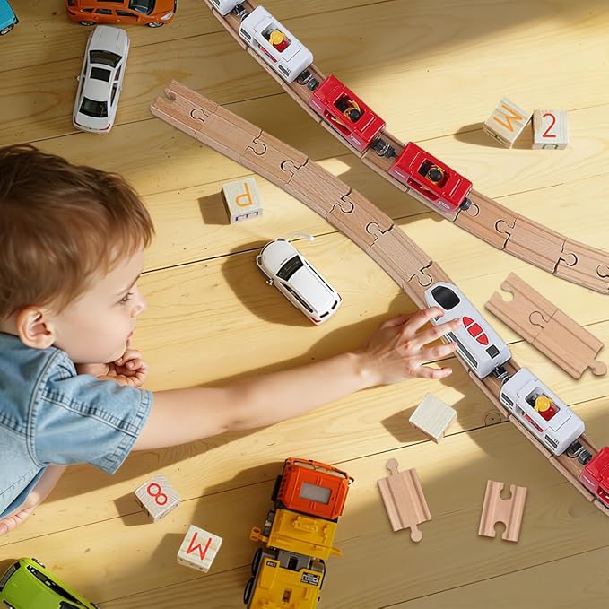 SEWACC 18Pcs Wooden Train Track Accessories Set Compatible with Major Toy Train Brands Includes Straight and Curved Tracks for Kids Ages 3 Enhances Creativity and Motor Skills