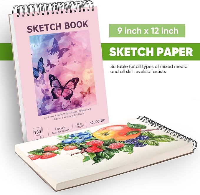 Soucolor Sketch Book 9" x 12" for Kids, Cute Sketchbook 100 Sheets Spiral Notebook Drawing Pad for Girls, Pastel Girls' School Art Supplies for Beginner Artists, Arts and Crafts Gifts Set for Kids