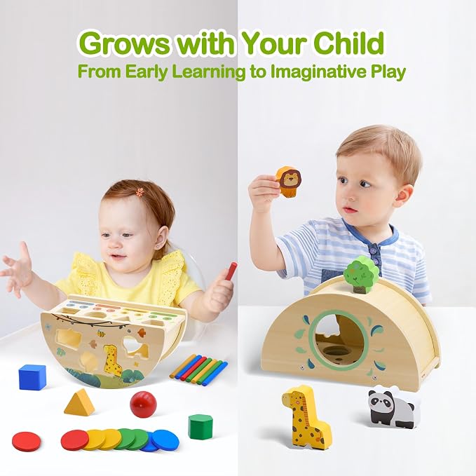 Montessori Busy Box for Toddlers 1-3, Wooden Object Permanence Coin Box with Shape Sorter & Animal Matching, Fine Motor Sensory Learning Toy with Wobble Base, Gift for 1 2 3 Year Old