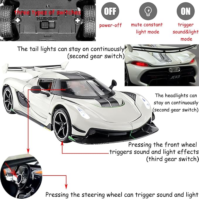 Therina Toy Cars Model Jesko 1/24 White Alloy Collectibles Die-cast Vehicles with Sound and Light