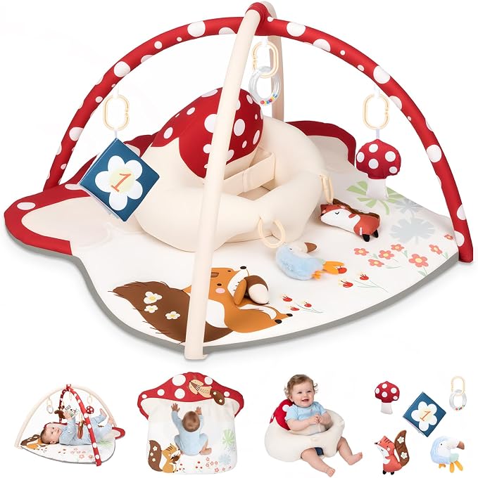suihuooo 3-in-1 Baby Play Mat & Baby Seats for Infants for Sitting Up, Tummy Time Gym Activity Mat with 5 Detachable Toys, for Babies 0-6-12-18 Months, Newborn Babies Shower Gifts(Red)
