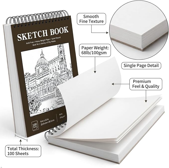 Soucolor 9" x 12" Sketch Book,Top Spiral Sketch Pad,100 Sheets 68lb Acid-Free Sketchbook Drawing Paper Supplies for Pencil & Charcoal Sketching, Art Supplies for Kids, Adults & Beginners