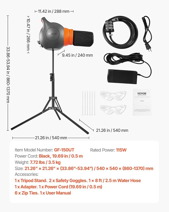 VEVOR Foam Machine, 115 W Party Foam Cannon, Portable Foam Maker with a Tripod Stand, Powerful Foam Party Machine, for Backyard, Pool, Outdoor Events, Birthdays, Celebrations and Party, Grey & Orange