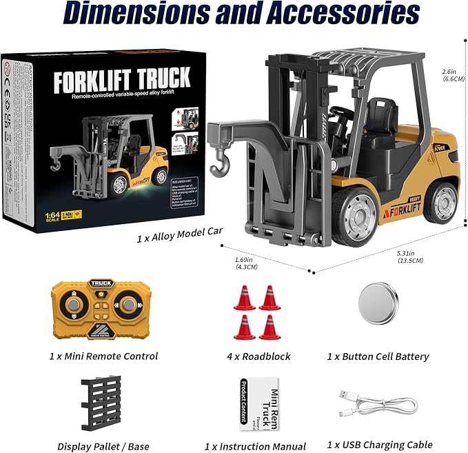 Mini Forklift Remote Control 1:64 RC Forklift Toy, 2.4GHz Construction Vehicle with LED Music, Variable Speed 2-in-1 Transformable Lift Fork & Hook, Includes 4 Road Barriers, Gift for Kids & Adults