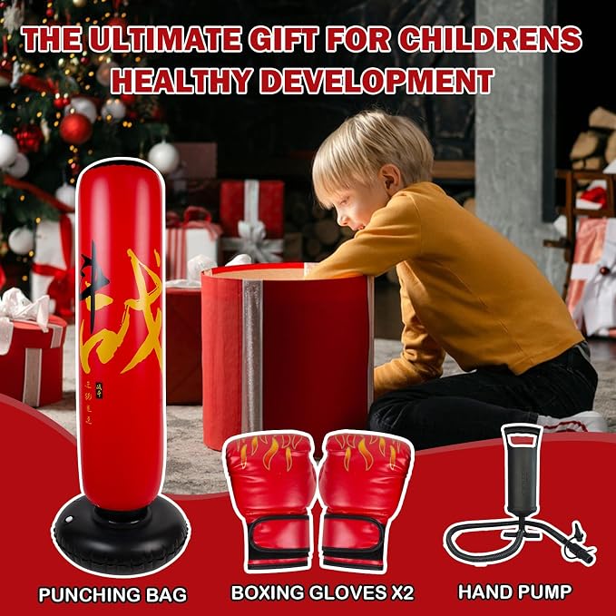 Onirii Kids Inflatable Punching Bag | Large Stable Kids Inflatable Boxing Bag Toy Set with Gloves for Boys & Girls Age 3-12 for Taekwondo,MMA and Practicing Karate