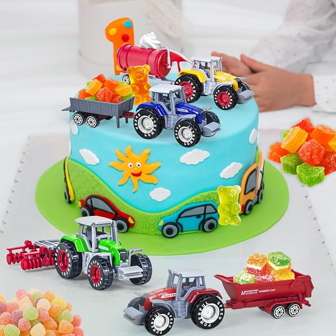 4 Pack Farm Tractor Toys, Die cast Tractor Toys with Trailers for Kids 3-5 Detachable Alloy Farm Tractors and Truck Toys for Toddlers Boys 3 4 5 6 7 8 Birthday Gift & Cake Toppers