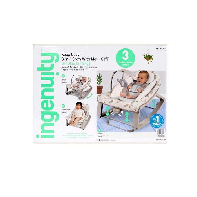 Ingenuity Keep Cozy 3-in-1 Grow with Me Vibrating Baby Bouncer, Green | Seat & Infant to Toddler Rocker, Vibrations & Toy Bar, 0-30 Months, Up to 40 lbs