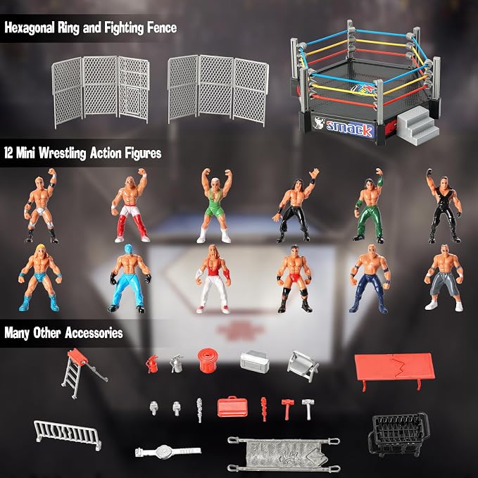 32Pcs Wrestling Toys for Kids, Wrestlers Playset with 12 Wrestling Action Figures, Wrestling Rings, Many Realistic Accessories, Toy Figures & Playset Gift for 2 3 4 5 6 Boys Girls, Cool Cake Toppers