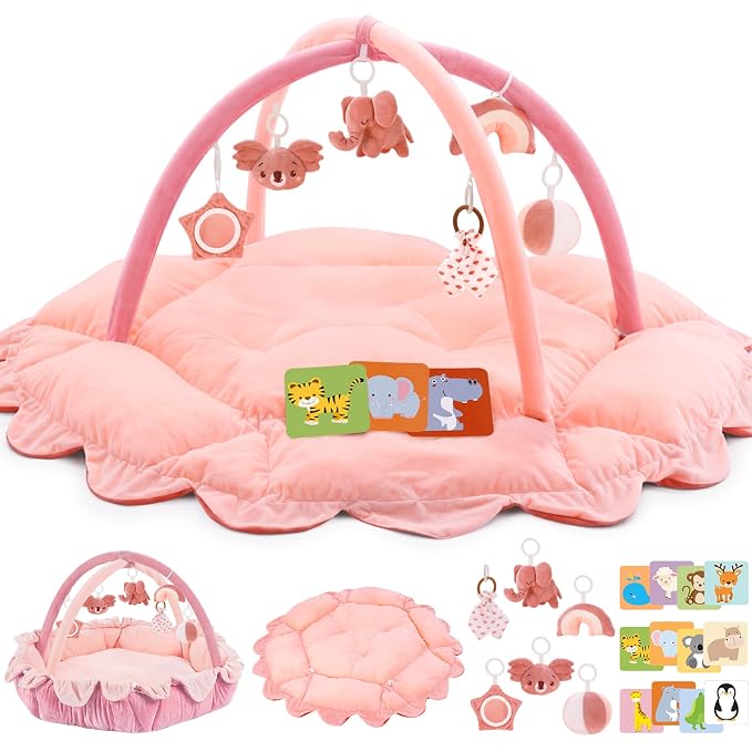 5-in-1 Plush Baby Play Gym, Activity Mat with Convertible Gym, Baby Gym 6 Sensory Toys, Play Center for Newborn to Toddler, Light Pink