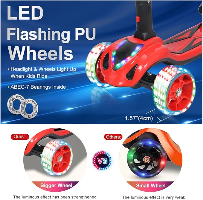 3 Wheel Scooter for Kids, Toddler Scooter with Bluetooth Music Speaker Steam Sprayer LED Lights Aluminum Alloy T-Bar, Folding Kick Scooters for Boys Girls Ages 3-10
