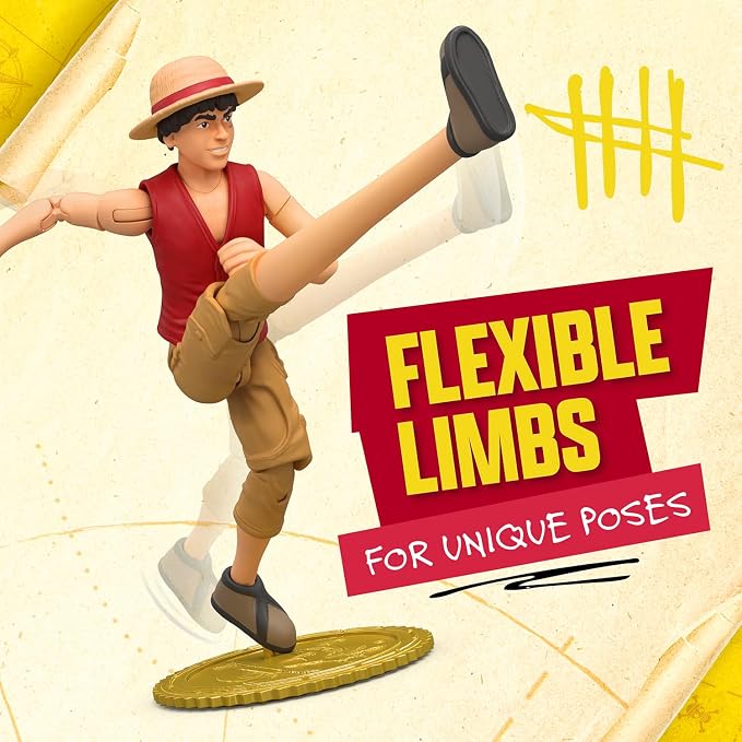 One Piece Monkey D. Luffy Action Figure, 6″ (15 cm) with 6 Accessories, Includes Swappable Arms and Legs, Wanted Poster, and Berry Coin Display Base