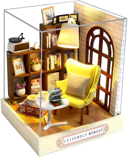 CUTEROOM DIY Doll House Miniature Furniture Wooden House Kit with Dust Cover & LED Light and Accessories - New Three Styles QT Series Dollhouse (QT037)